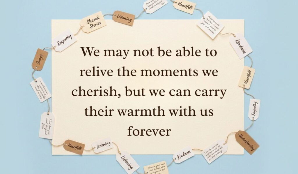 Soft blue surface decorated with a ring of string-bound message tags showcasing heart touching memories quotes reading, "We may not be able to relive the moments we cherish, but we can carry their warmth with us forever"