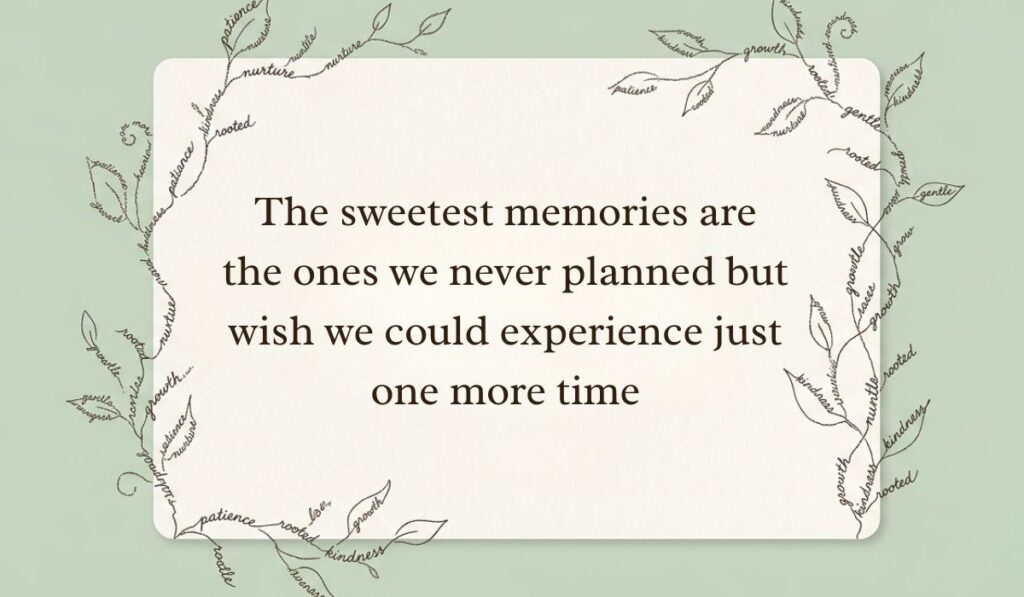 Sage green card framed by delicate botanical vine line art formed from handwritten script displaying heart touching memories quotes stating, "The sweetest memories are the ones we never planned but wish we could experience just one more time"