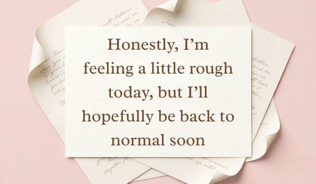 Clean beige card layered over stacked cursive letter paper demonstrating how to answer how are you feeling when sick with text stating, "Honestly, I'm feeling a little rough today, but I'll hopefully be back to normal soon."