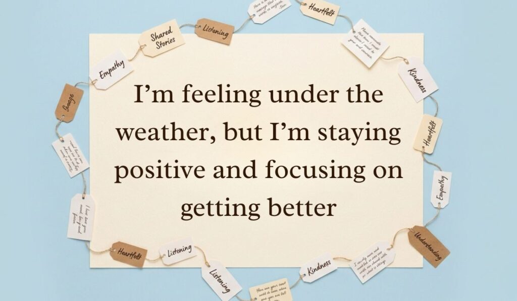 Soft blue background bordered by string-tied tags featuring empathy and kindness keywords showcasing how to answer how are you feeling when sick with text stating, "I'm feeling under the weather, but I'm staying positive and focusing on getting better."