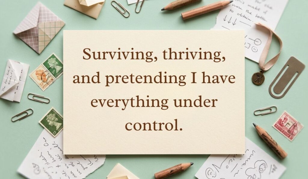 Soft mint green background with vintage letters and postage stamps featuring a witty response on how to reply to how's it going reading, "Surviving, thriving, and pretending I have everything under control."