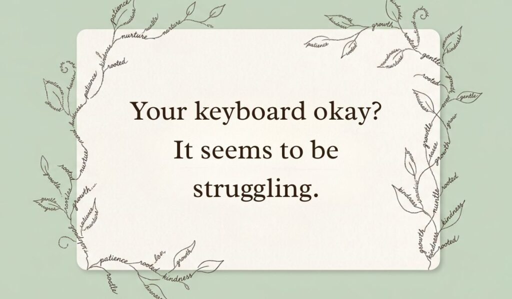 Sage green background decorated with botanical line art illustrating a playful idea on how to respond to dry texts reading, "Your keyboard okay? It seems to be struggling."