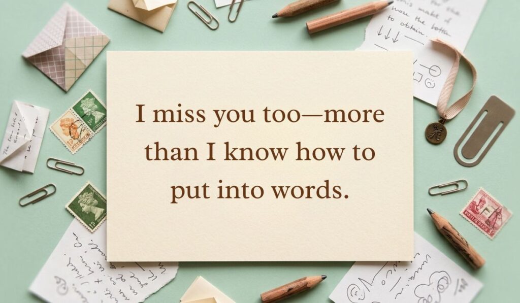 Vintage stationery flat lay on a soft green background with postage stamps and paperclips featuring ideas for how to respond to i miss you with text reading, "I miss you too—more than I know how to put into words."