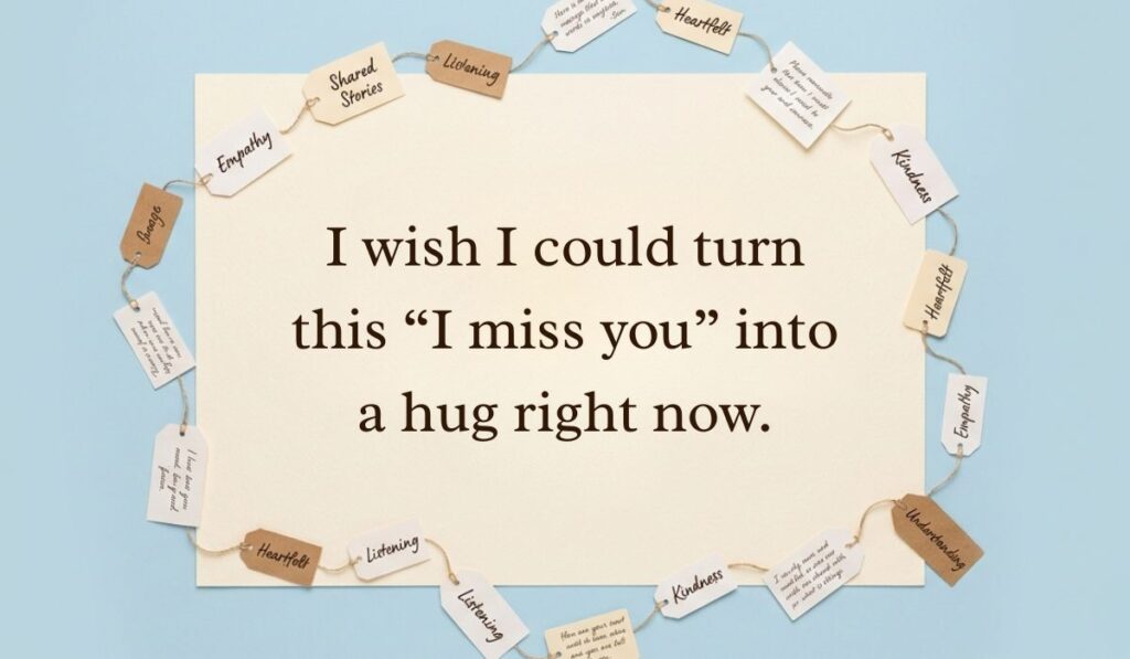 Light blue background framed with string-bound message tags highlighting how to respond to i miss you with text reading, "I wish I could turn this “I miss you” into a hug right now."