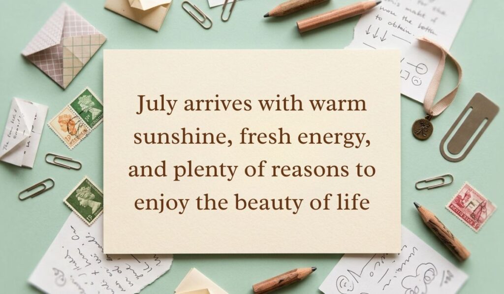 Mint green workspace flat lay surrounded by vintage postage stamps, wooden pencils, and paperclips displaying July quotes stating, "July arrives with warm sunshine, fresh energy, and plenty of reasons to enjoy the beauty of life."