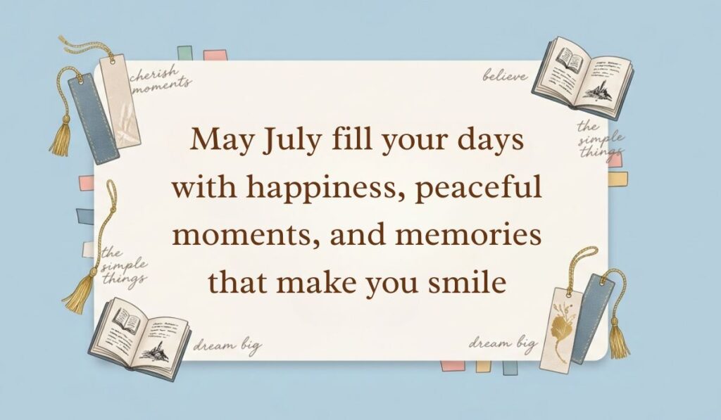 Soft blue desktop background decorated with tasseled bookmarks, open mini books, and page tabs showcasing July quotes reading, "May July fill your days with happiness, peaceful moments, and memories that make you smile."