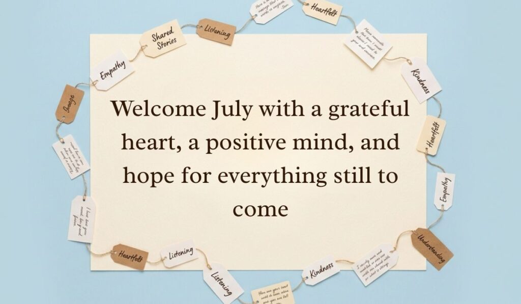 Off-white surface encircled by string-tied tag labels featuring inspirational keywords presenting July quotes reading, "Welcome July with a grateful heart, a positive mind, and hope for everything still to come."