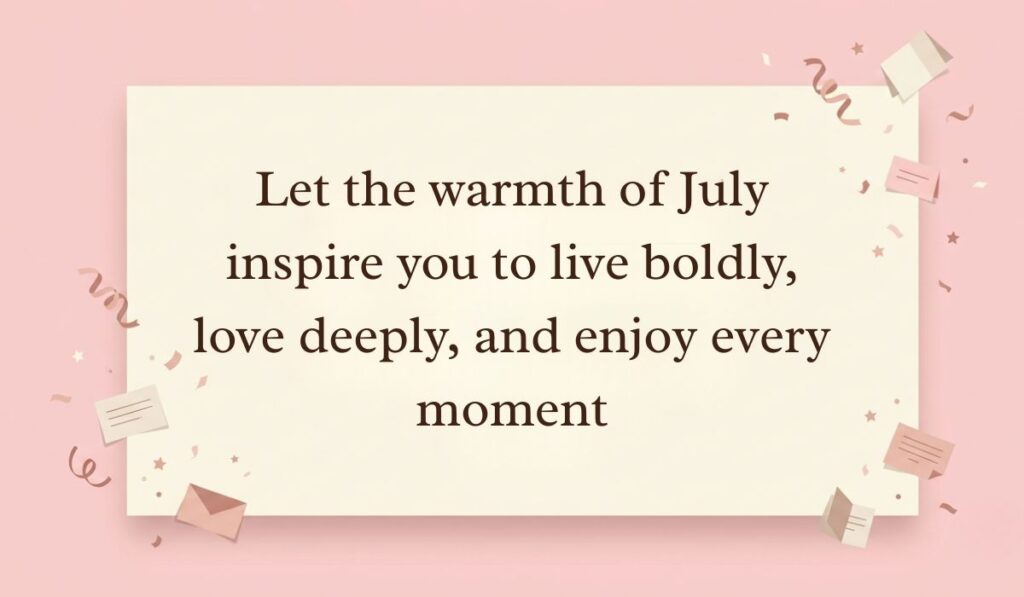 Soft pink surface decorated with festive paper confetti, tiny envelopes, and star accents highlighting July quotes reading, "Let the warmth of July inspire you to live boldly, love deeply, and enjoy every moment."