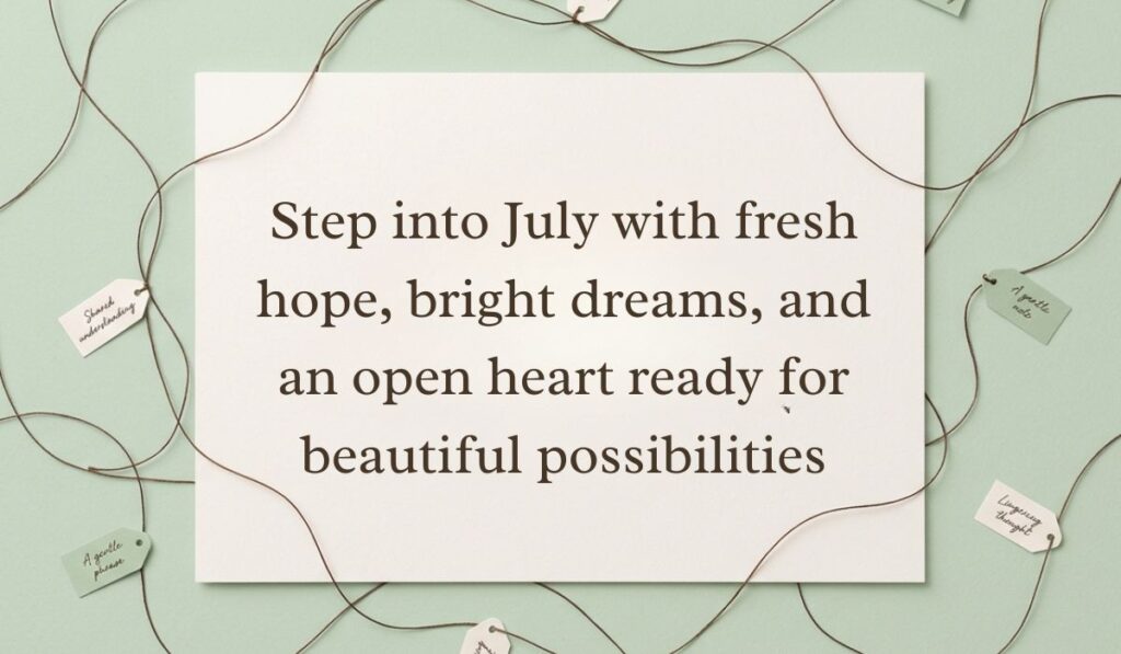 Muted green backdrop with crisscrossing threads holding small hanging message tags featuring July quotes stating, "Step into July with fresh hope, bright dreams, and an open heart ready for beautiful possibilities."