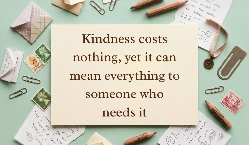 Sage green vintage desk layout with scattered paperclips, postage stamps, envelopes, and pencils featuring kindness quotes reading, "Kindness costs nothing, yet it can mean everything to someone who needs it"