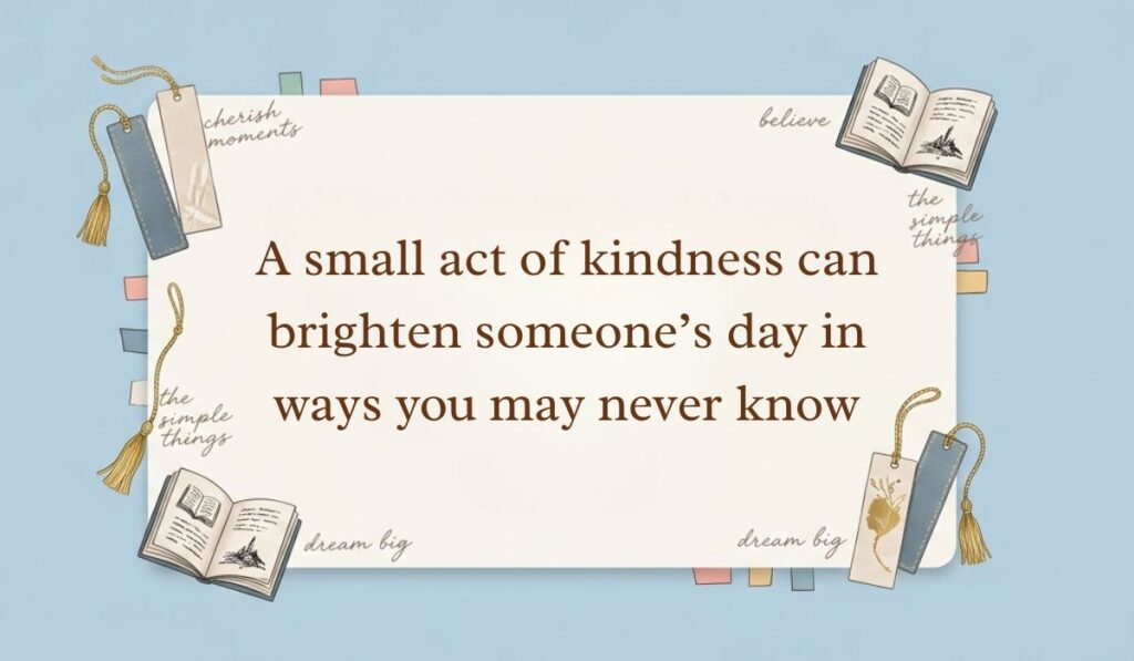 Light blue background accented with open books, tasseled bookmarks, and sticky notes displaying kindness quotes stating, "A small act of kindness can brighten someone’s day in ways you may never know"