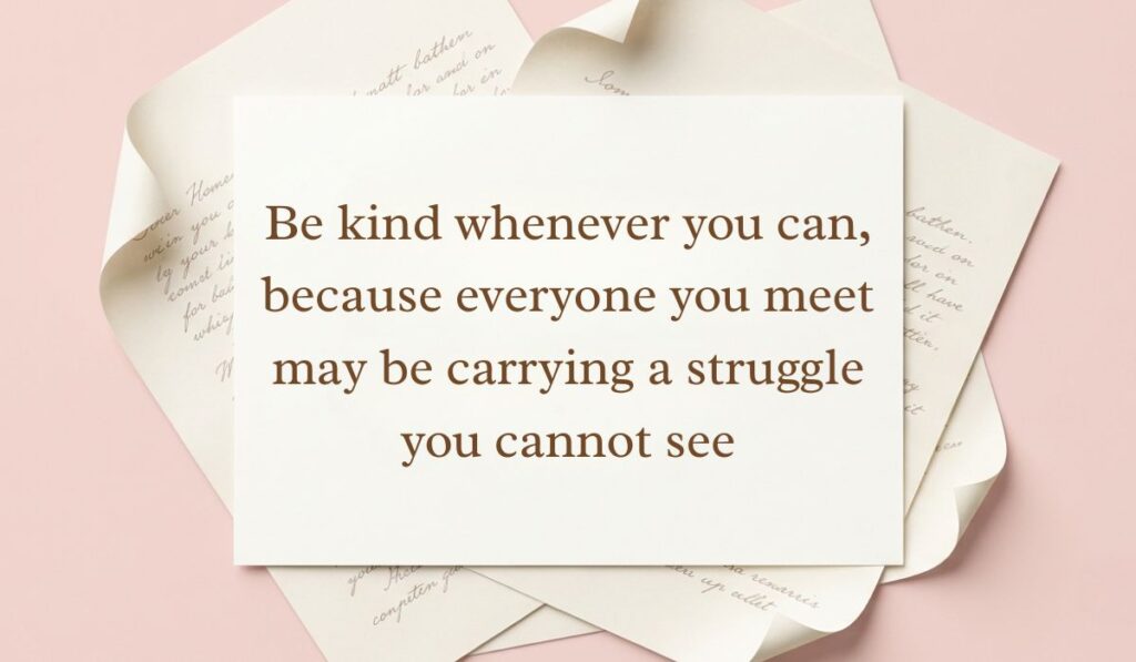Soft pink backdrop framed with layered vintage paper presenting kindness quotes reading, "Be kind whenever you can, because everyone you meet may be carrying a struggle you cannot see"
