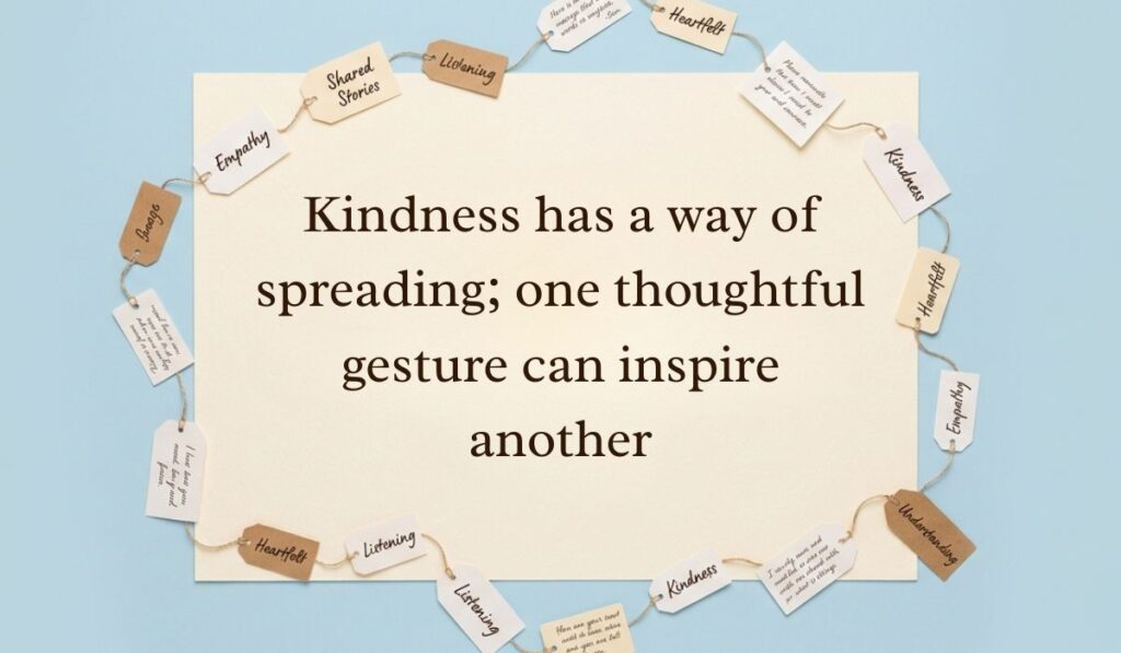 Soft blue surface decorated with a ring of string-bound message tags showcasing kindness quotes reading, "Kindness has a way of spreading; one thoughtful gesture can inspire another"