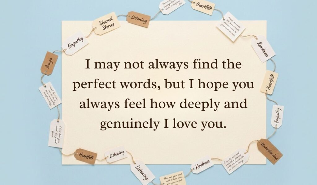 Light blue card layout framed with string-bound sentiment tags displaying long paragraphs for him reading, "I may not always find the perfect words, but I hope you always feel how deeply and genuinely I love you."