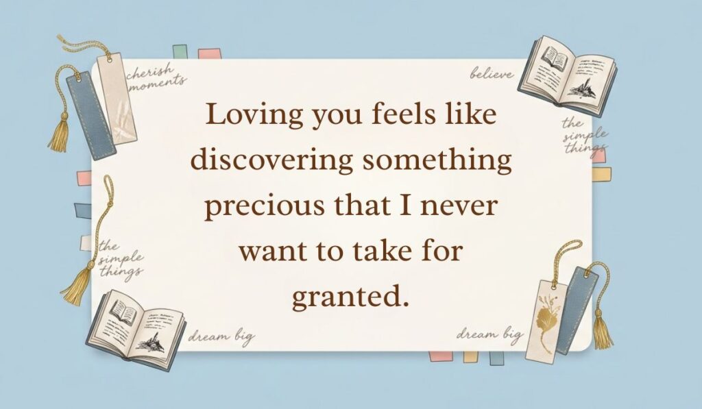 Light blue flat lay with bookmarks and miniature books featuring love paragraphs for her reading, "Loving you feels like discovering something precious that I never want to take for granted."