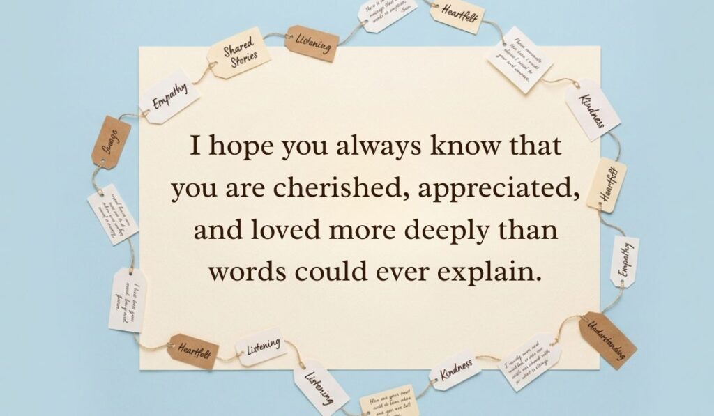 Light blue card layout framed with string-bound sentiment tags displaying love paragraphs for her reading, "I hope you always know that you are cherished, appreciated, and loved more deeply than words could ever explain."