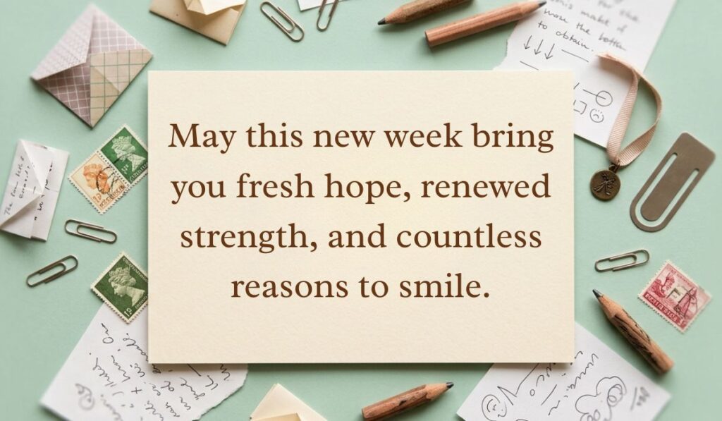 Sage green vintage flat lay with postage stamps and paper clips featuring a new week blessings card reading, "May this new week bring you fresh hope, renewed strength, and countless reasons to smile."