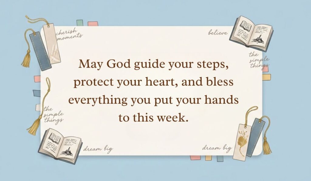 Soft blue desktop flat lay with mini books and tassel bookmarks displaying a new week blessings quote reading, "May God guide your steps, protect your heart, and bless everything you put your hands to this week."