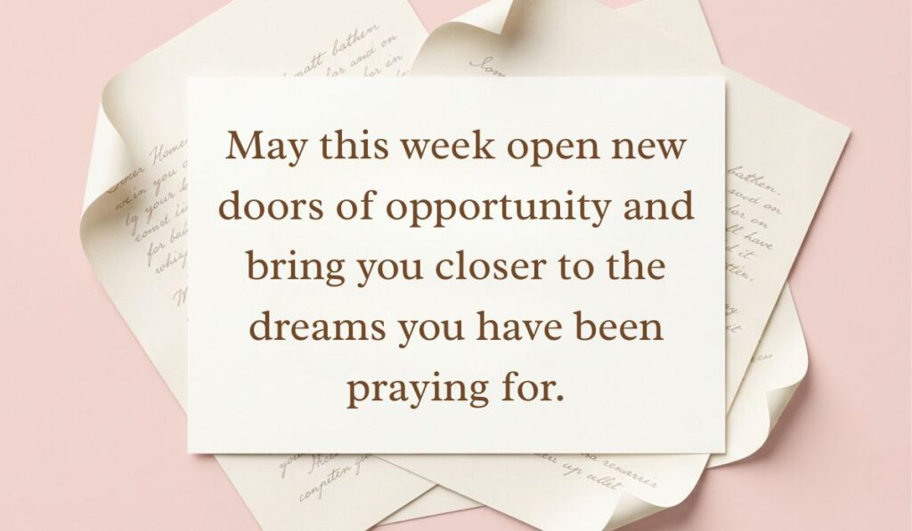 Stack of curled vintage stationery letters showcasing a new week blessings card reading, "May this week open new doors of opportunity and bring you closer to the dreams you have been praying for."