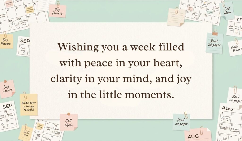 Soft teal background filled with calendar sticky notes and paper clips featuring a new week blessings quote reading, "Wishing you a week filled with peace in your heart, clarity in your mind, and joy in the little moments."