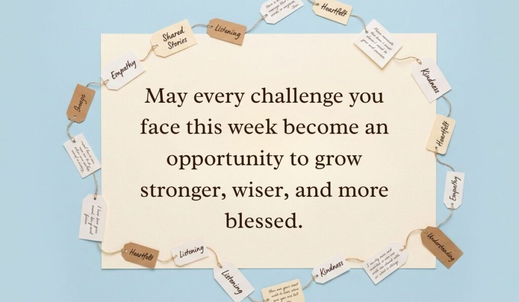 Light blue aesthetic card framed by a circle of string and paper tags displaying a new week blessings message reading, "May every challenge you face this week become an opportunity to grow stronger, wiser, and more blessed."
