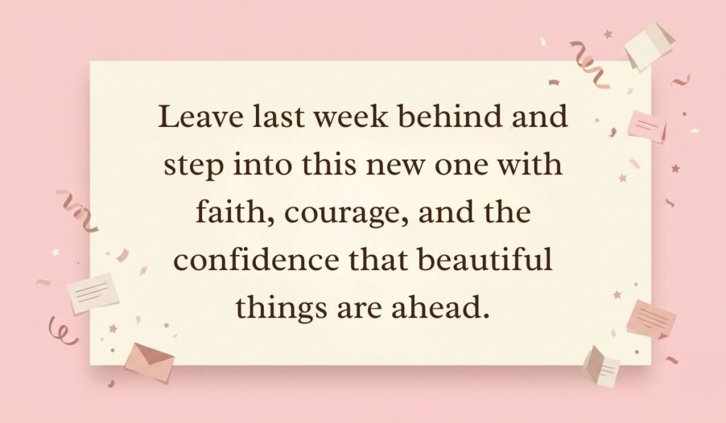 Pastel pink layout decorated with paper confetti and mini envelopes showcasing a new week blessings message reading, "Leave last week behind and step into this new one with faith, courage, and the confidence that beautiful things are ahead."