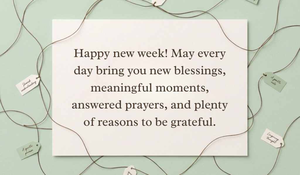 Sage green background with a crisscrossed string network and small tags featuring a new week blessings quote reading, "Happy new week! May every day bring you new blessings, meaningful moments, answered prayers, and plenty of reasons to be grateful."