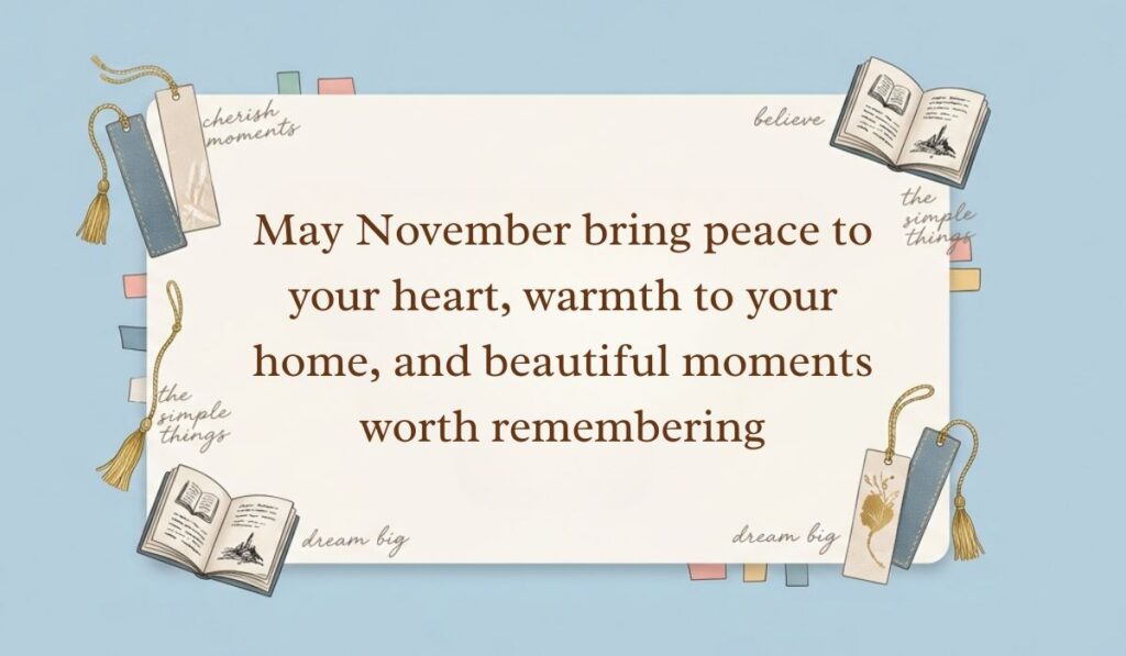 Soft blue desktop background decorated with tasseled bookmarks, open mini books, and page tabs showcasing November quotes reading, "May November bring peace to your heart, warmth to your home, and beautiful moments worth remembering."