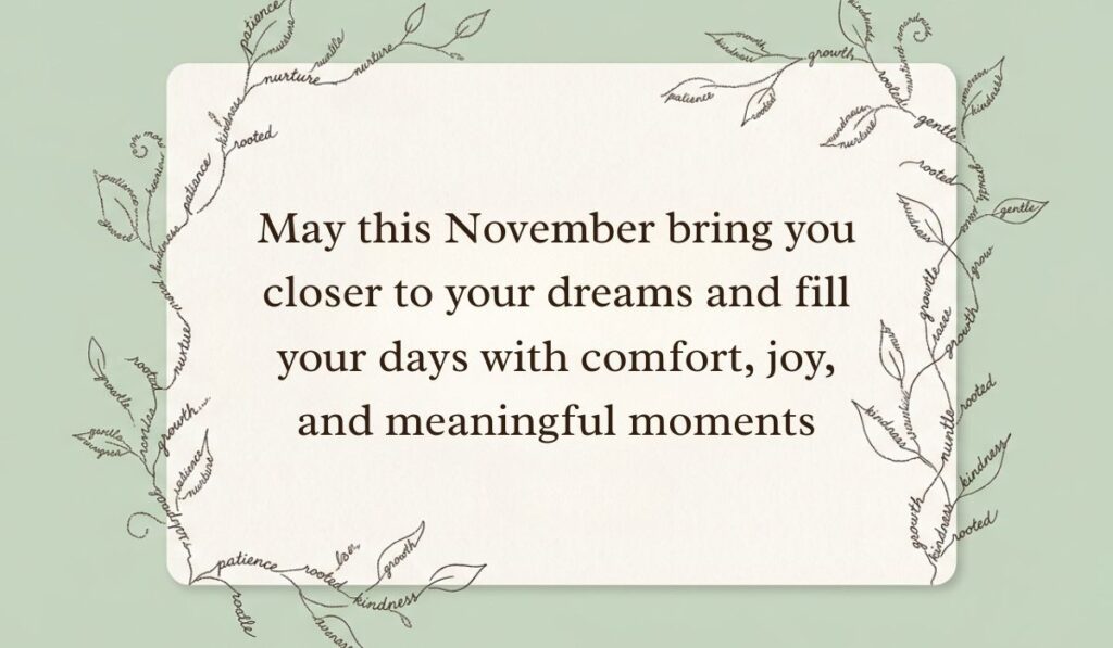 Sage green backdrop accented with botanical leaf line art composed of positive words showcasing November quotes stating, "May this November bring you closer to your dreams and fill your days with comfort, joy, and meaningful moments."