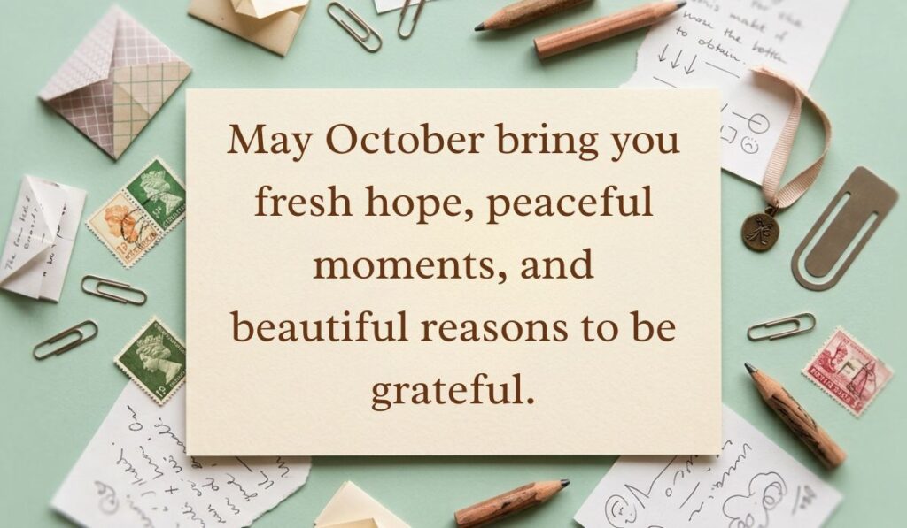 Sage green vintage flat lay with postage stamps and paper clips featuring an october blessings card reading, "May October bring you fresh hope, peaceful moments, and beautiful reasons to be grateful."