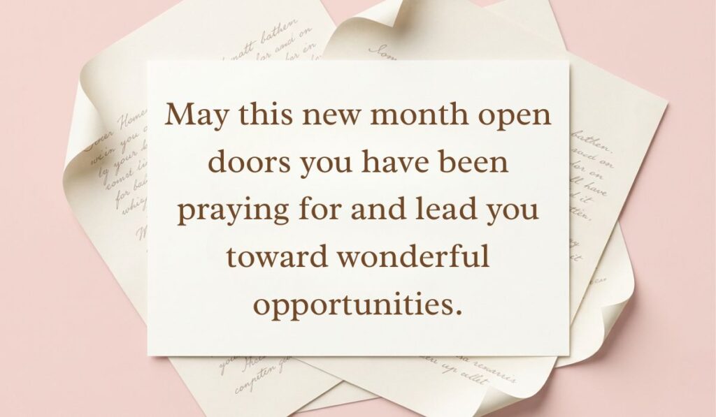 Stack of curled vintage stationery letters showcasing an october blessings card reading, "May this new month open doors you have been praying for and lead you toward wonderful opportunities."