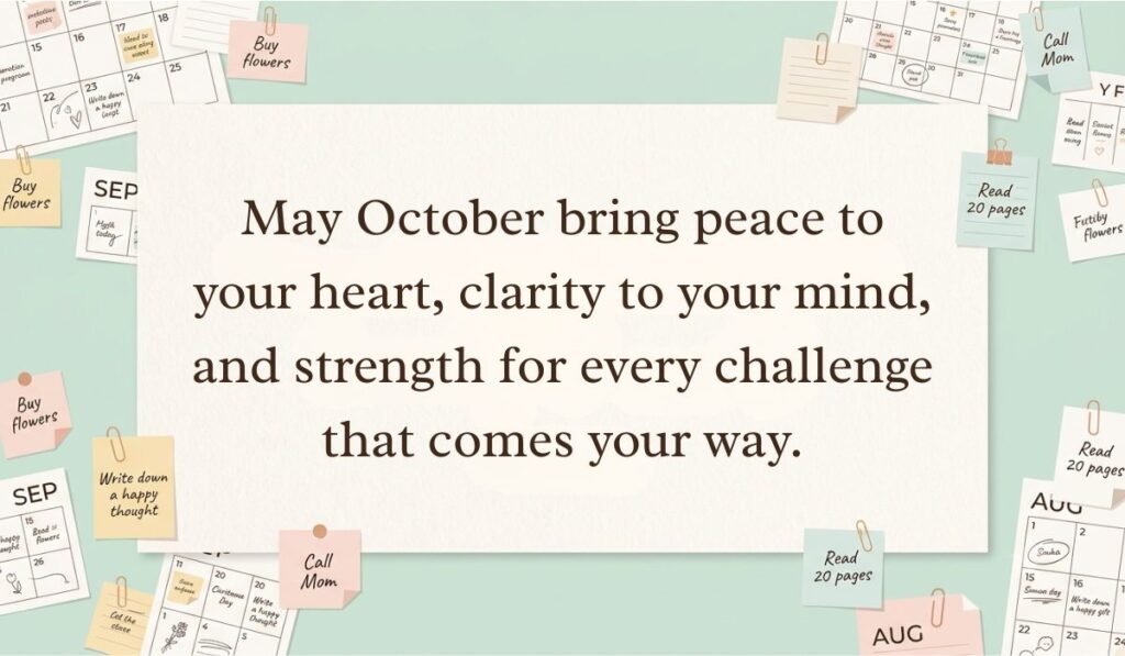 Soft teal background filled with calendar sticky notes and paper clips featuring an october blessings quote reading, "May October bring peace to your heart, clarity to your mind, and strength for every challenge that comes your way."