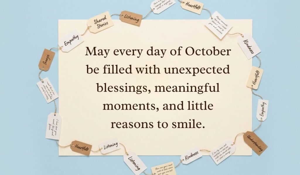 Light blue aesthetic card framed by a circle of string and paper tags displaying an october blessings message reading, "May every day of October be filled with unexpected blessings, meaningful moments, and little reasons to smile."