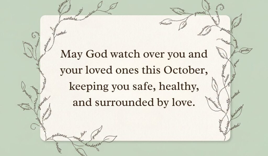 Light green background framed by typographic leafy vine art featuring an october blessings card reading, "May God watch over you and your loved ones this October, keeping you safe, healthy, and surrounded by love."