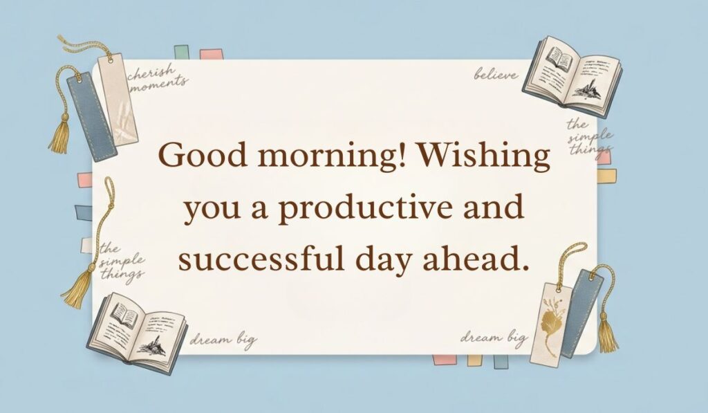 Powder blue aesthetic layout with bookmarks and open mini books showcasing professional replies to good morning reading, "Good morning! Wishing you a productive and successful day ahead."