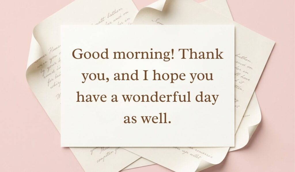 Cream paper background with layered handwritten letters displaying professional replies to good morning reading, "Good morning! Thank you, and I hope you have a wonderful day as well."