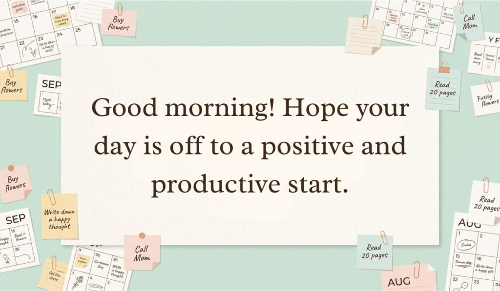 Off-white central card surrounded by calendar pages and sticky notes highlighting professional replies to good morning reading, "Good morning! Hope your day is off to a positive and productive start."