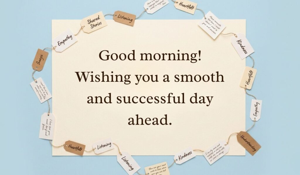 Soft blue background framed with string-tied message tags showing professional replies to good morning reading, "Good morning! Wishing you a smooth and successful day ahead."