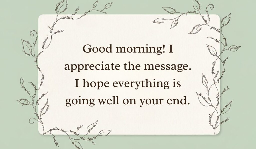 Sage green background decorated with botanical line art illustrating professional replies to good morning reading, "Good morning! I appreciate the message. I hope everything is going well on your end."
