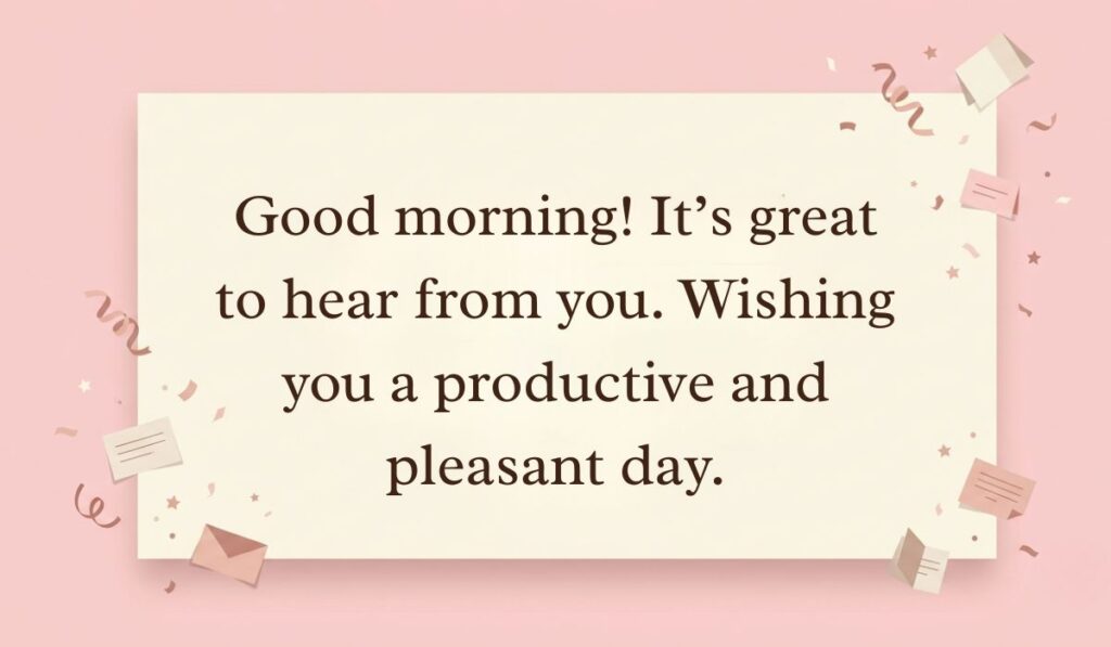 Pastel pink background with subtle confetti and mini envelopes displaying professional replies to good morning reading, "Good morning! It’s great to hear from you. Wishing you a productive and pleasant day."