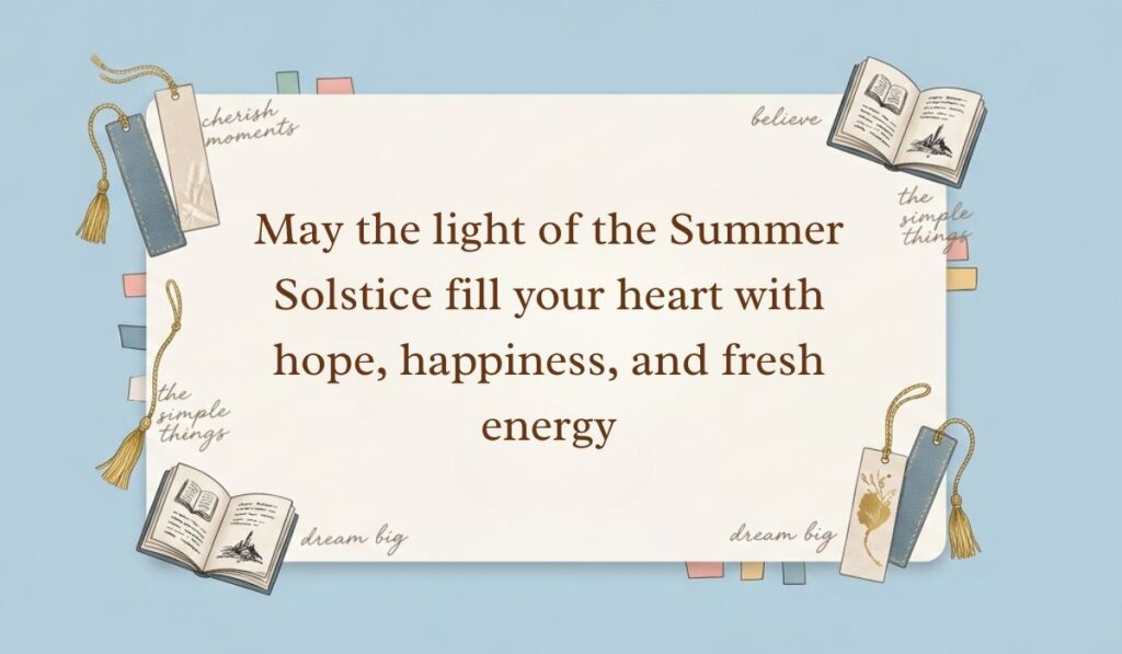 Light blue background decorated with open books, tasseled bookmarks, and sticky notes displaying summer solstice quotes stating, "May the light of the Summer Solstice fill your heart with hope, happiness, and fresh energy"