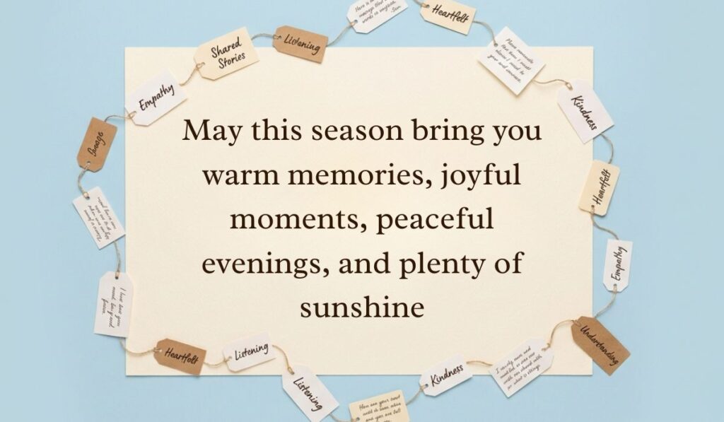 Soft cyan-blue surface featuring a ring of string-bound message tags displaying summer solstice quotes reading, "May this season bring you warm memories, joyful moments, peaceful evenings, and plenty of sunshine"