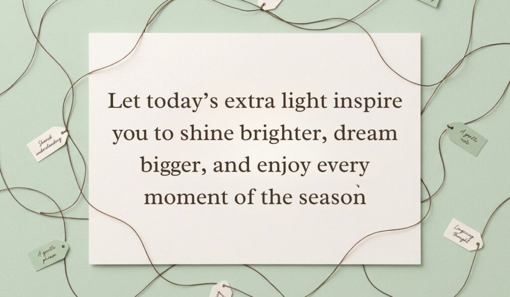 Sage green background framed by interconnected twine strings and small hanging message tags showcasing summer solstice quotes stating, "Let today's extra light inspire you to shine brighter, dream bigger, and enjoy every moment of the season"