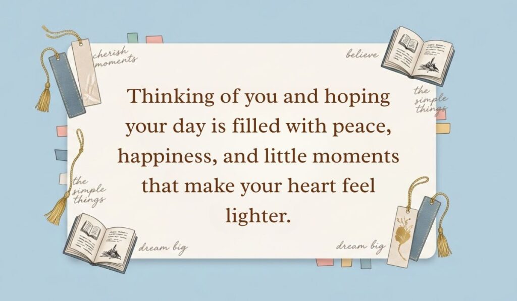 alt="Soft blue desktop flat lay with mini books and tassel bookmarks displaying a thinking of you message reading, 'Thinking of you and hoping your day is filled with peace, happiness, and little moments that make your heart feel lighter.'"