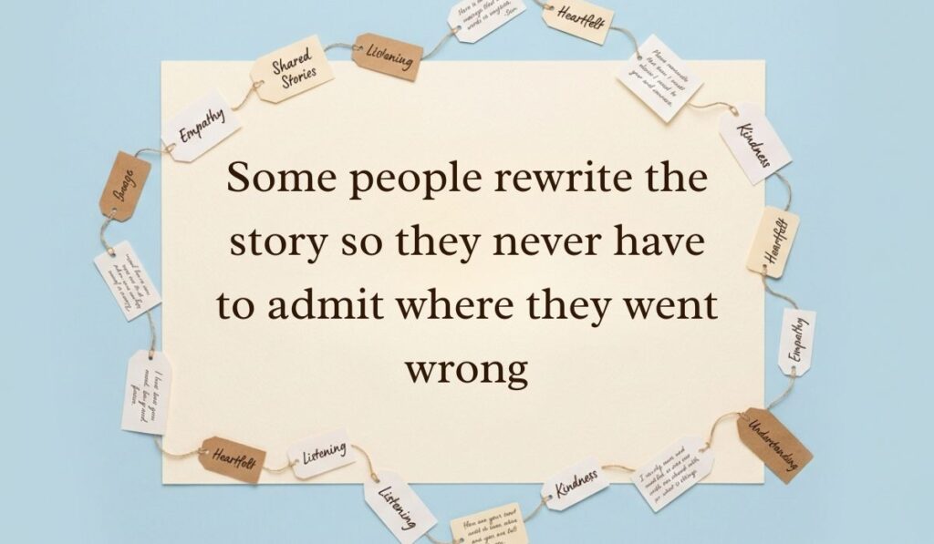 Soft blue surface decorated with a ring of string-bound message tags showcasing toxic playing victim quotes reading, "Some people rewrite the story so they never have to admit where they went wrong"