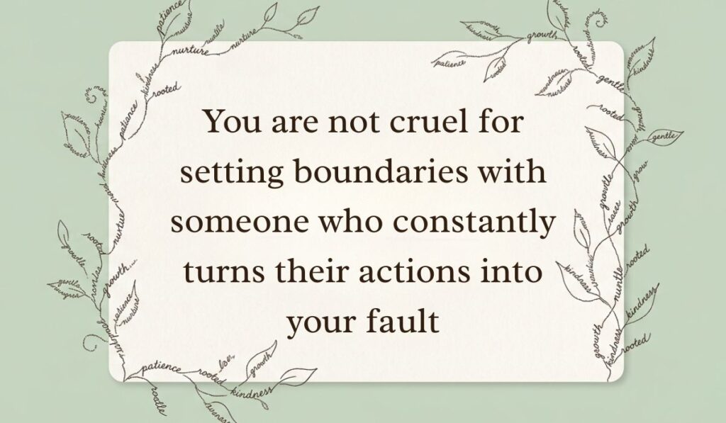 Sage green card framed by delicate botanical vine line art formed from handwritten script displaying toxic playing victim quotes stating, "You are not cruel for setting boundaries with someone who constantly turns their actions into your fault"