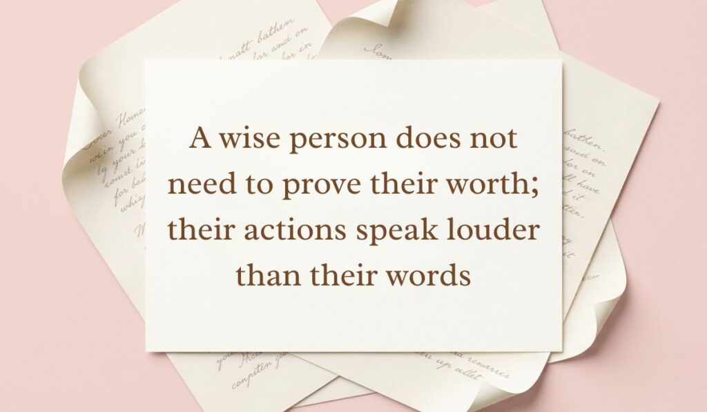Soft pink backdrop framed with layered vintage parchment paper presenting wisdom quotes reading, "A wise person does not need to prove their worth; their actions speak louder than their words"