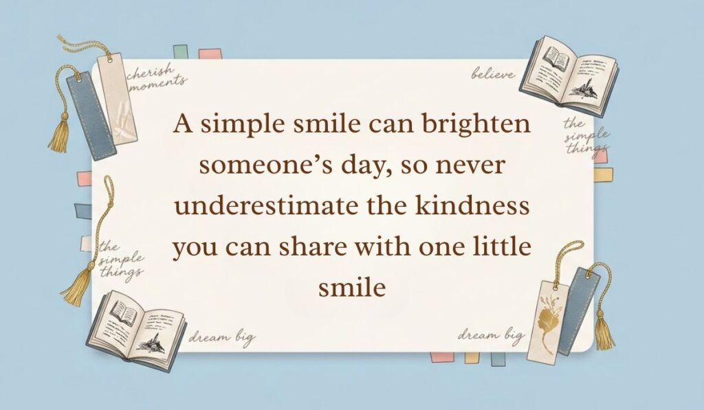 Soft blue layout decorated with open books, tasseled bookmarks, and inspiring world smile day messages reading, "A simple smile can brighten someone's day, so never underestimate the kindness you can share with one little smile."
