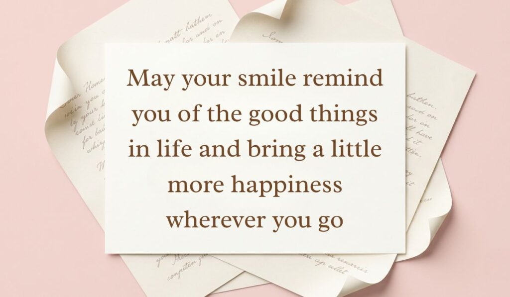 Soft pink backdrop framed by stacked handwritten paper letters featuring world smile day messages stating, "May your smile remind you of the good things in life and bring a little more happiness wherever you go."