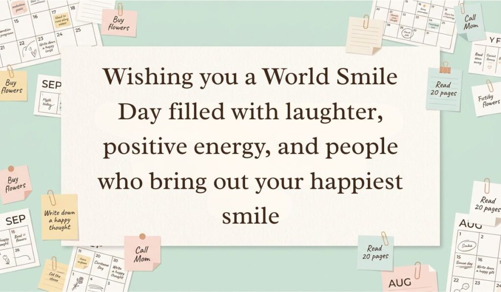Teal desk setup filled with calendar sheets, paperclips, and sticky note reminders highlighting world smile day messages reading, "Wishing you a World Smile Day filled with laughter, positive energy, and people who bring out your happiest smile."
